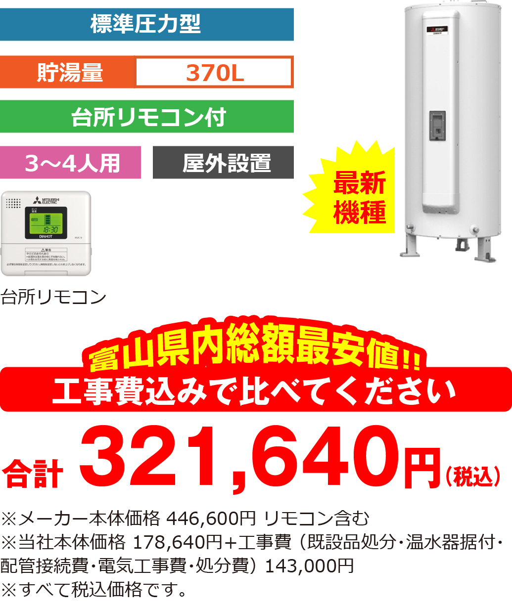 富山県内総額最安値!!工事費込みで比べてください　合計264,800円（税別）※メーカー本体価格 337,000円（税別）リモコン・脚部カバー含む ※当社本体価格 134,800円（税別）+工事費 （既設品処分・エコキュート据付・配管接続費・電気工事費・処分費） 130,000円（税別）