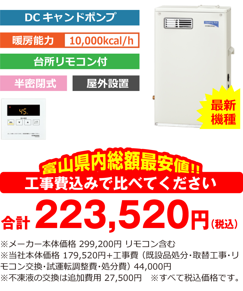 富山県内総額最安値!!工事費込みで比べてください　合計178,000円（税別）※メーカー本体価格 230,000円 リモコン含む ※当社本体価格 138,000円（税別）+工事費 （既設品処分・取替工事・リモコン交換・試運転調整費・諸経費） 40,000円（税別）※不凍液の交換は追加費用 25,000円